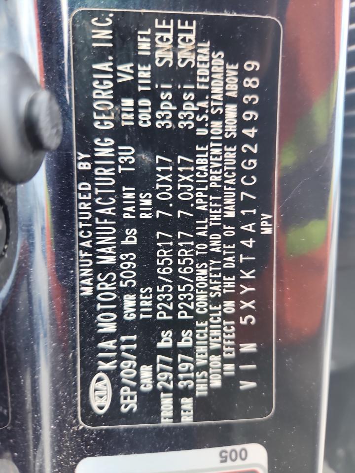 2012 Kia Sorento Base VIN: 5XYKT4A17CG249389 Lot: 70403085