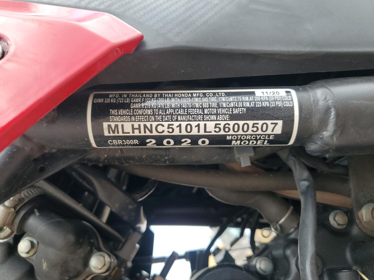 2020 Honda Cbr300 R VIN: MLHNC5101L5600507 Lot: 70371265