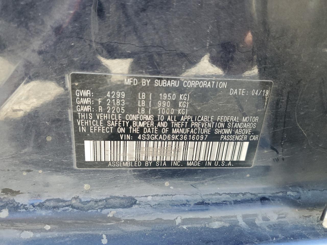 2019 Subaru Impreza Premium VIN: 4S3GKAD69K3616097 Lot: 68285335