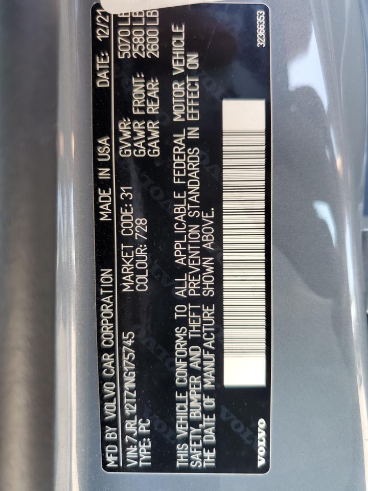 2022 Volvo S60 B5 Momentum VIN: 7JRL12TZ1NG175745 Lot: 68424635