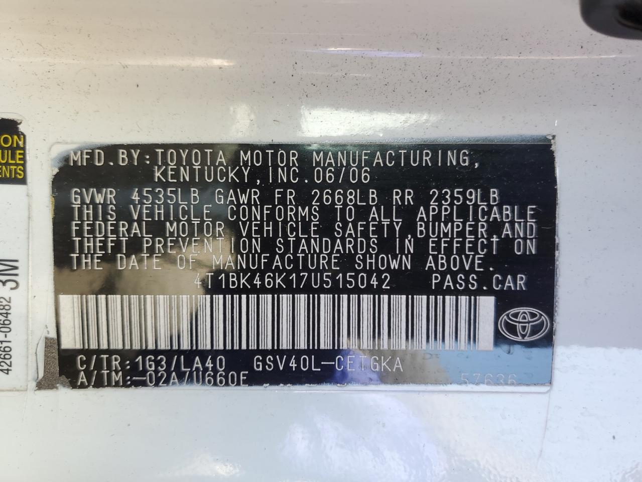 2007 Toyota Camry Le VIN: 4T1BK46K17U515042 Lot: 68758795