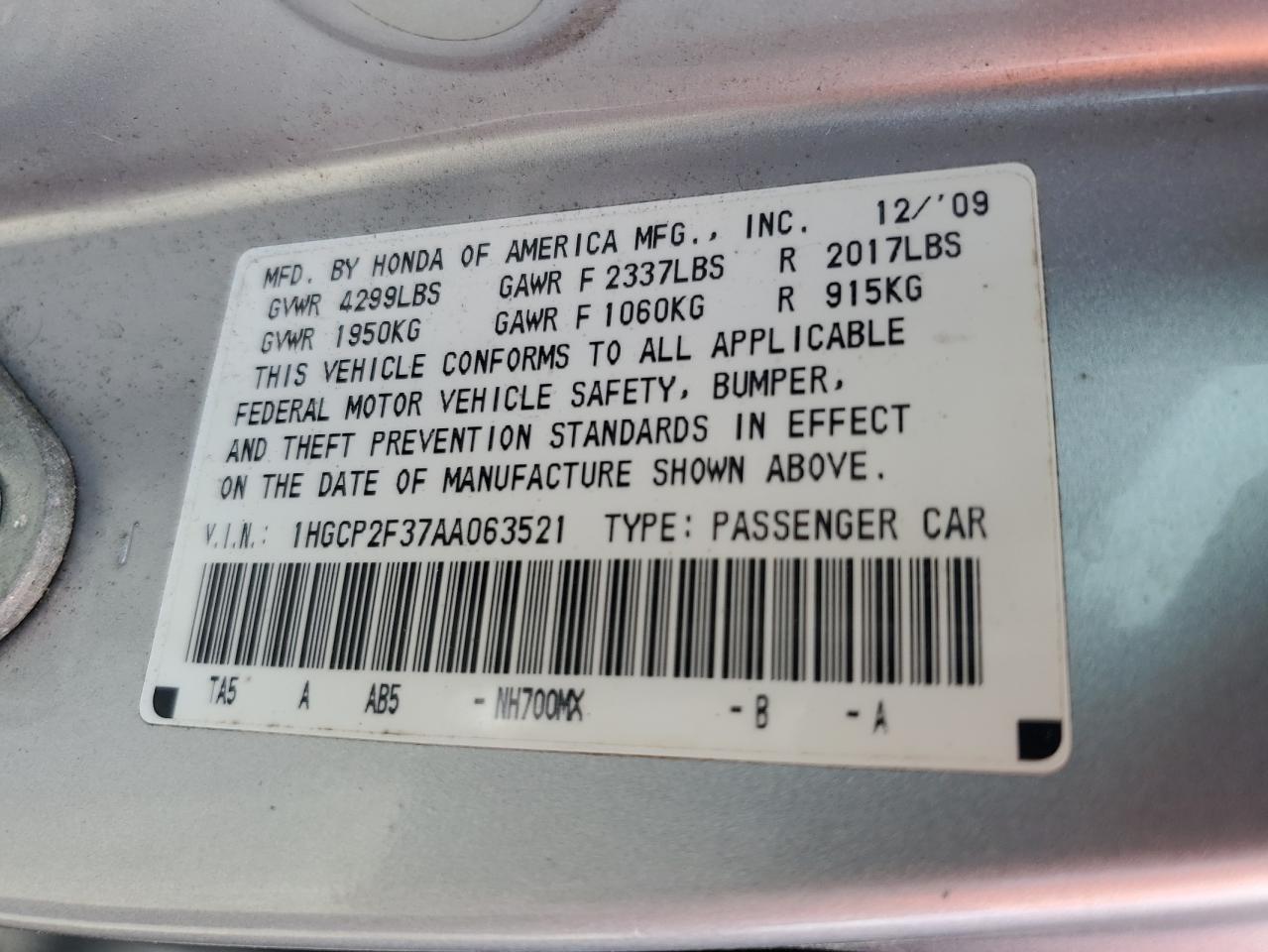 2010 Honda Accord Lx VIN: 1HGCP2F37AA063521 Lot: 68565935