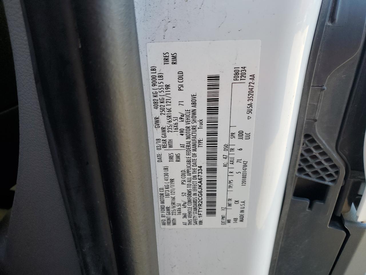 2018 Ford Transit T-250 VIN: 1FTYR2CG6JKA67334 Lot: 69448195