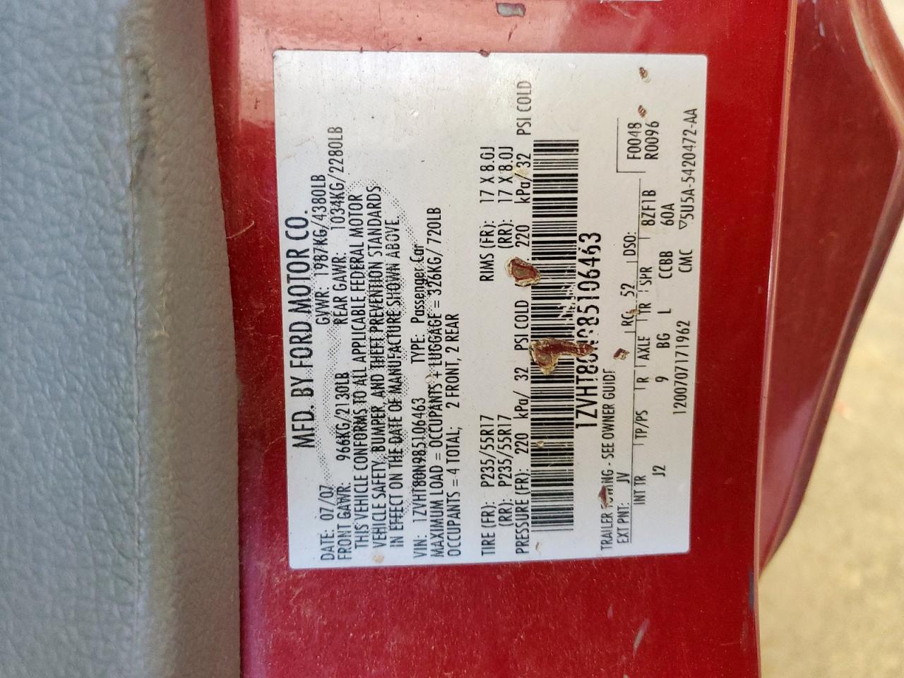 2008 Ford Mustang VIN: 1ZVHT80N985106463 Lot: 68001835