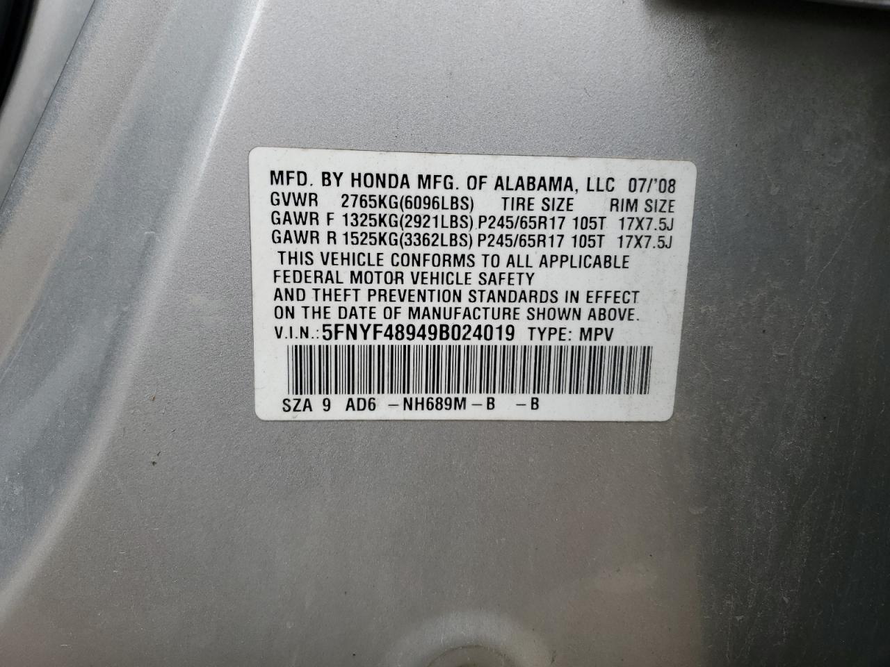 2009 Honda Pilot Touring VIN: 5FNYF48949B024019 Lot: 69922815