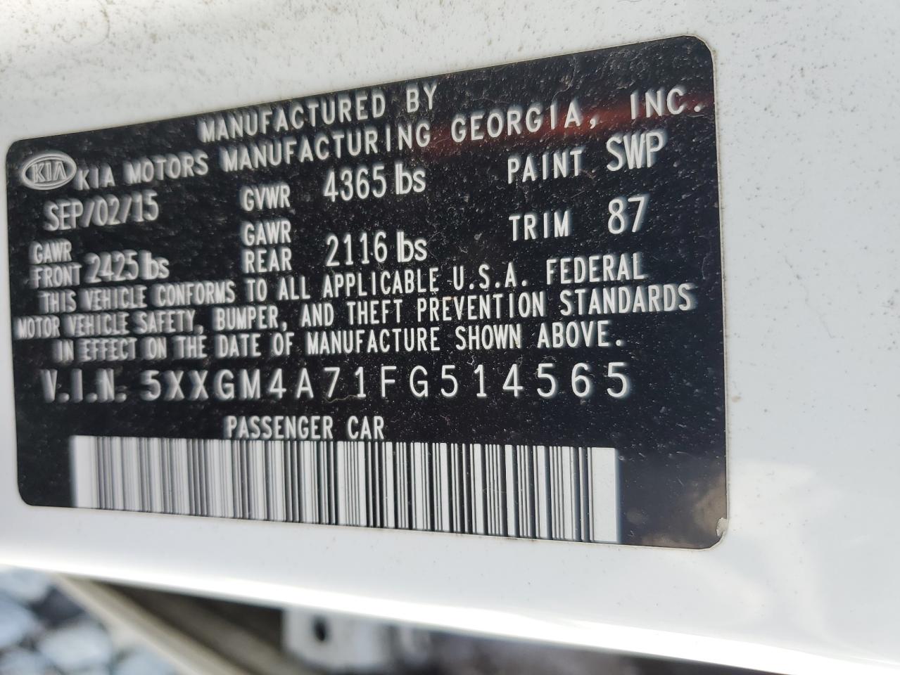 2015 Kia Optima Lx VIN: 5XXGM4A71FG514565 Lot: 70419535