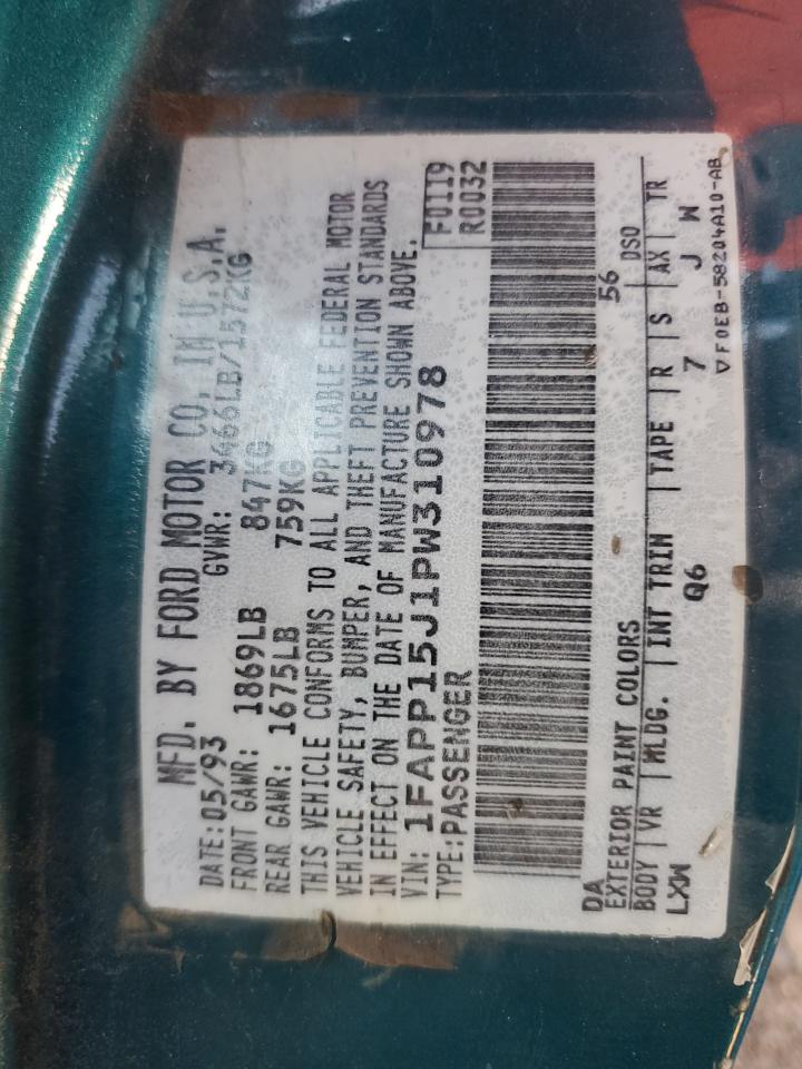 1993 Ford Escort Lx VIN: 1FAPP15J1PW310978 Lot: 69755015