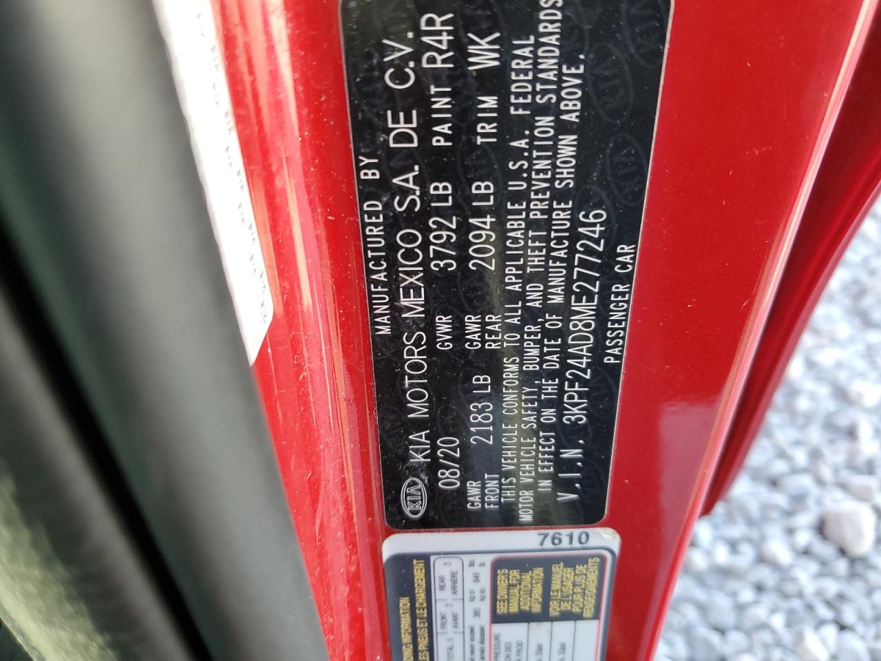 2021 Kia Forte Fe VIN: 3KPF24AD8ME277246 Lot: 67976555