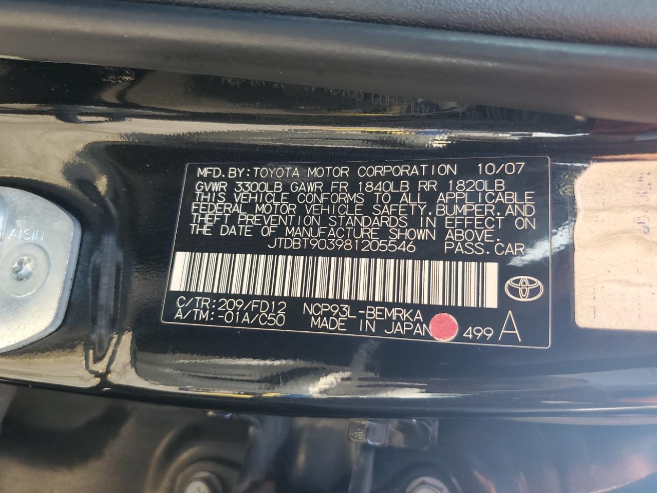 2008 Toyota Yaris VIN: JTDBT903981205546 Lot: 66889615