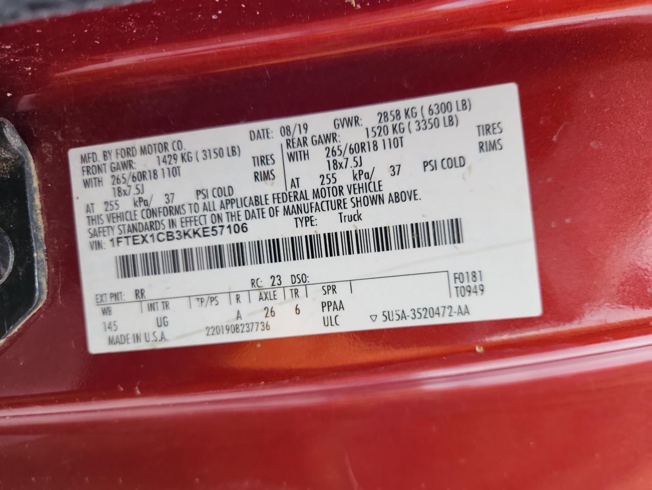 2019 Ford F150 Super Cab VIN: 1FTEX1CB3KKE57106 Lot: 70482575