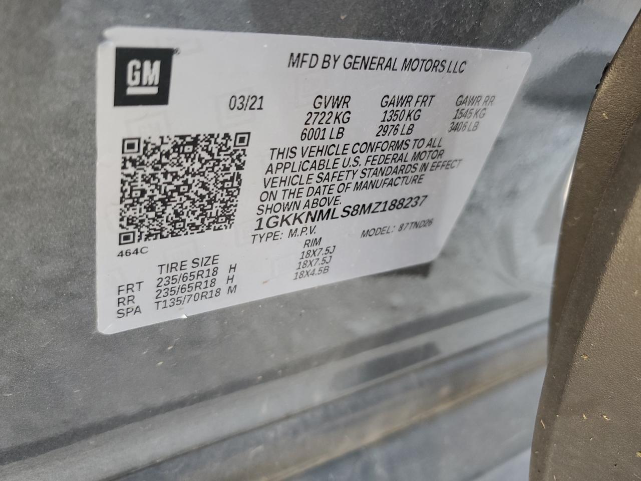 2021 GMC Acadia Slt VIN: 1GKKNMLS8MZ188237 Lot: 69807865