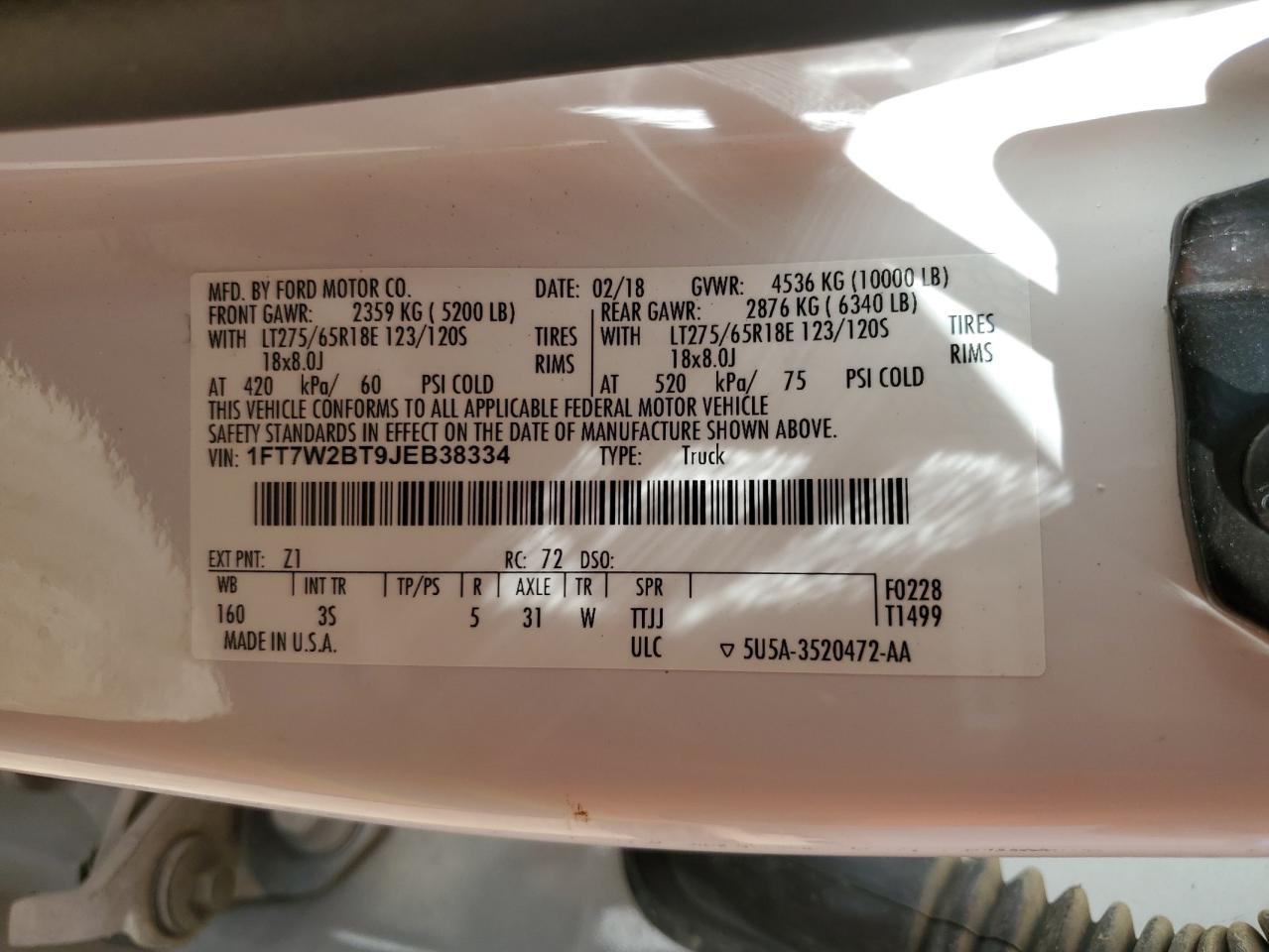 2018 Ford F250 Super Duty VIN: 1FT7W2BT9JEB38334 Lot: 66507795