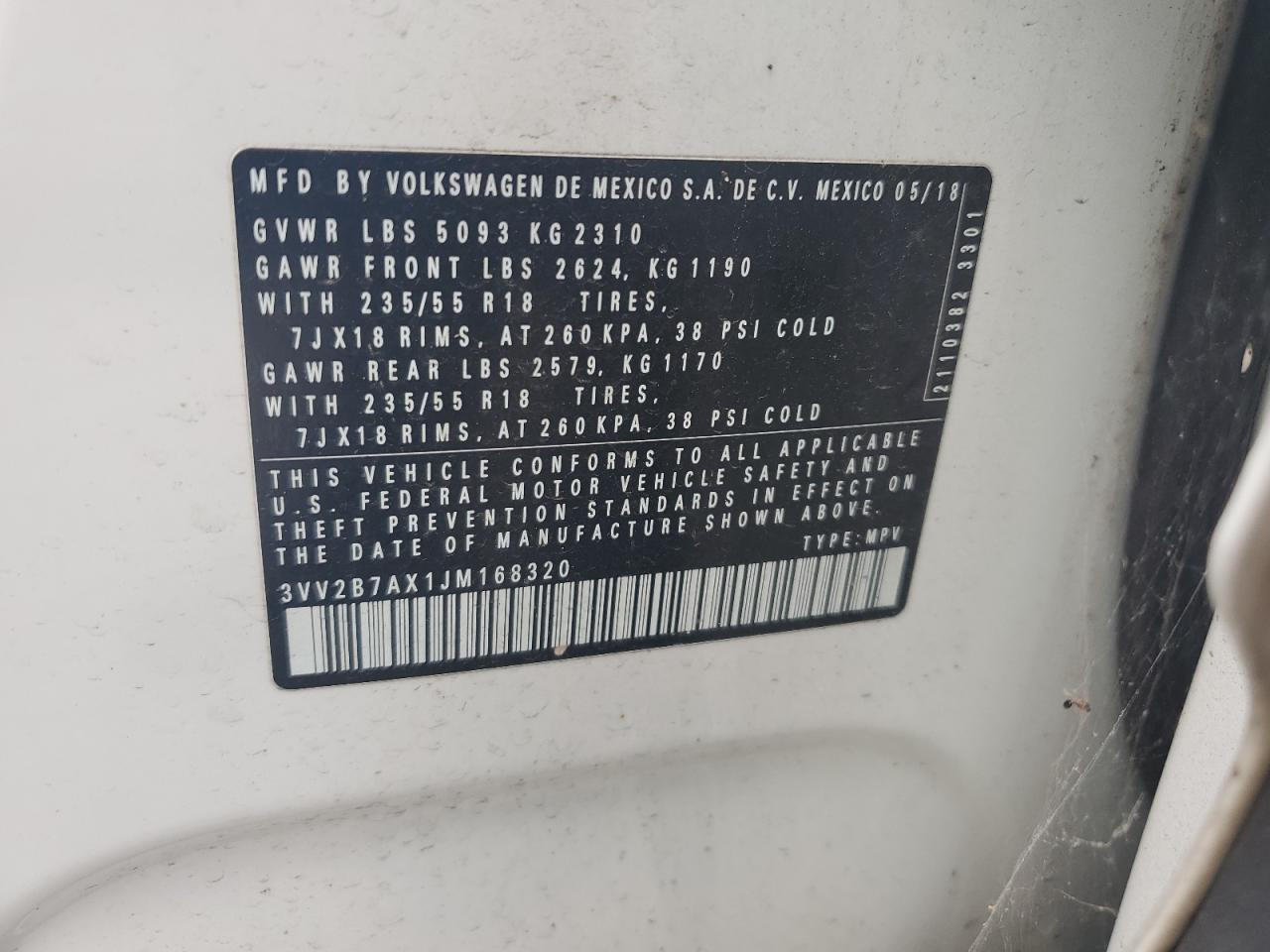 2018 Volkswagen Tiguan Se VIN: 3VV2B7AX1JM168320 Lot: 66179045