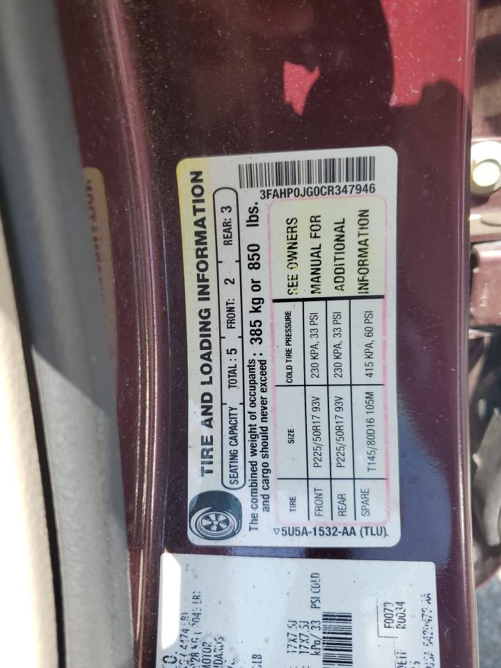 2012 Ford Fusion Sel VIN: 3FAHP0JG0CR347946 Lot: 68766505