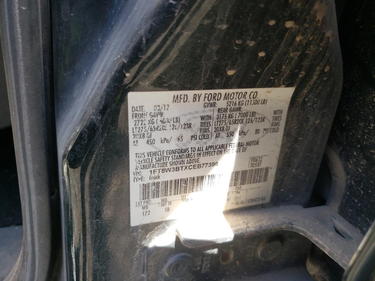 2012 Ford F350 Super Duty VIN: 1FT8W3BTXCEB77396 Lot: 67952855