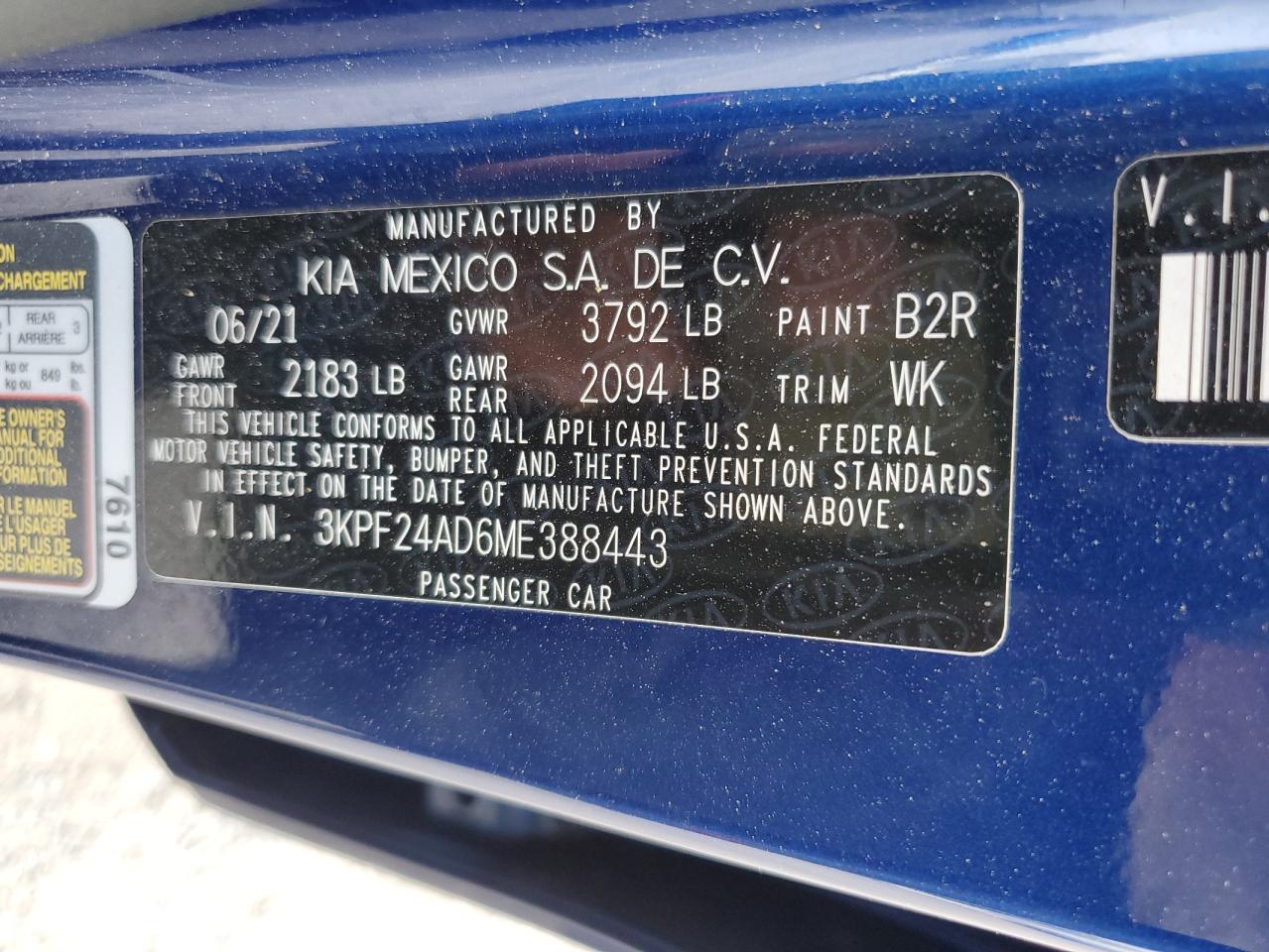 2021 Kia Forte Fe VIN: 3KPF24AD6ME388443 Lot: 68012495