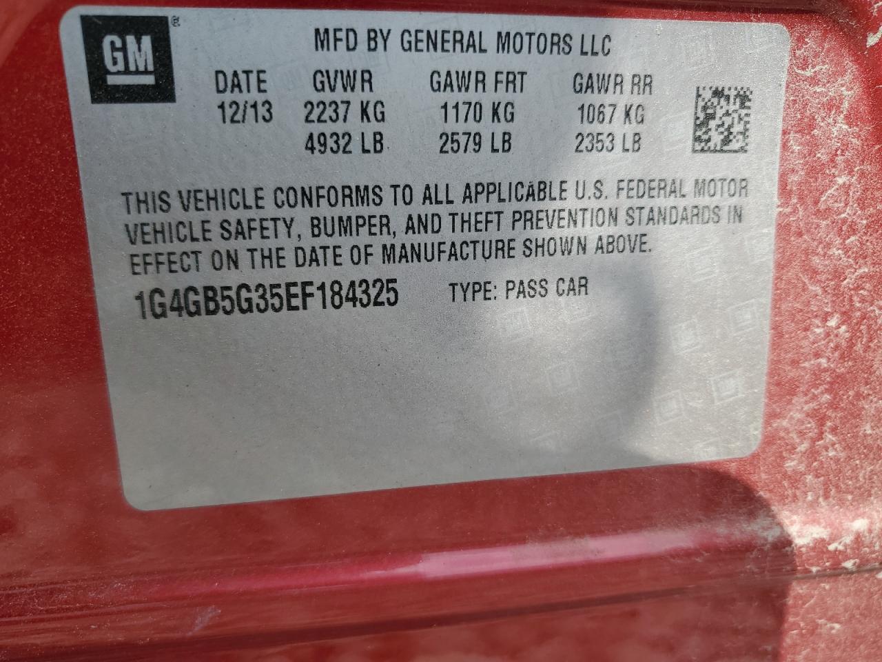 2014 Buick Lacrosse VIN: 1G4GB5G35EF184325 Lot: 68427375