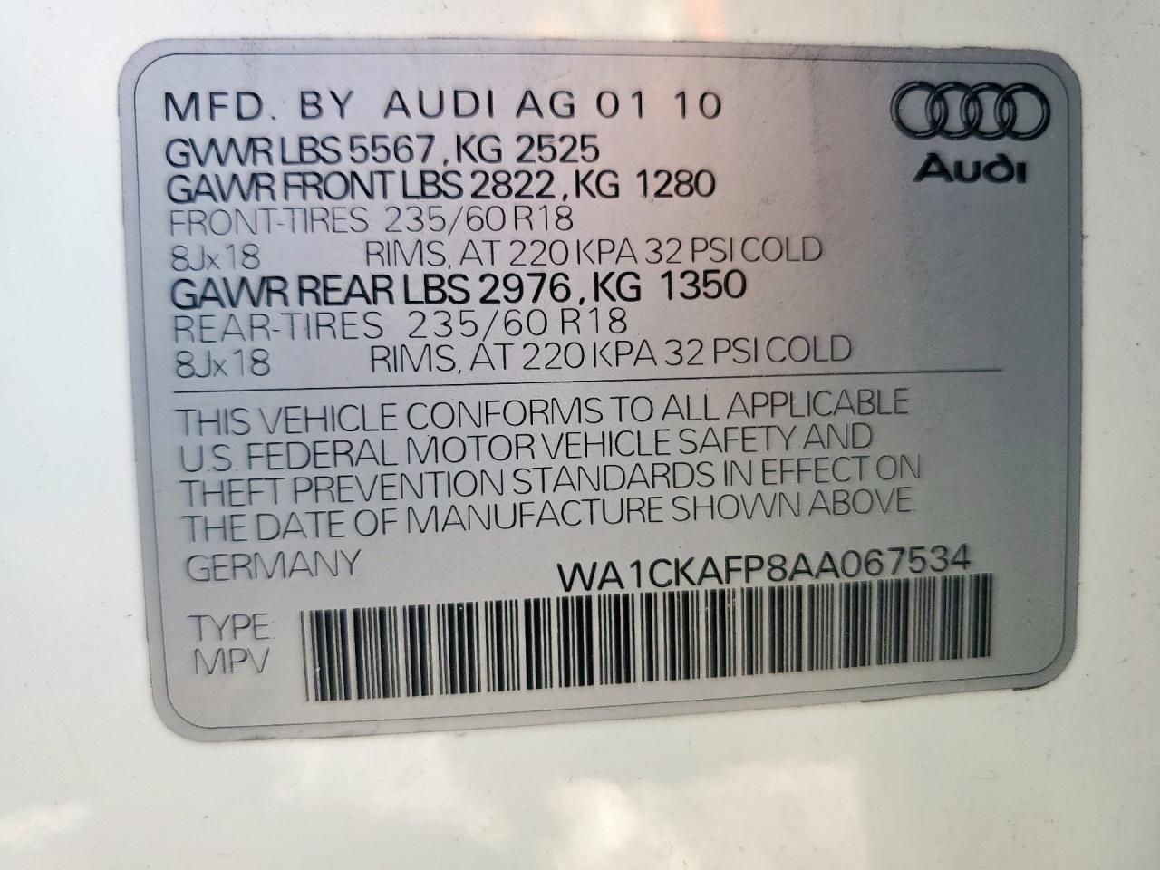 2010 Audi Q5 Premium VIN: WA1CKAFP8AA067534 Lot: 67902365