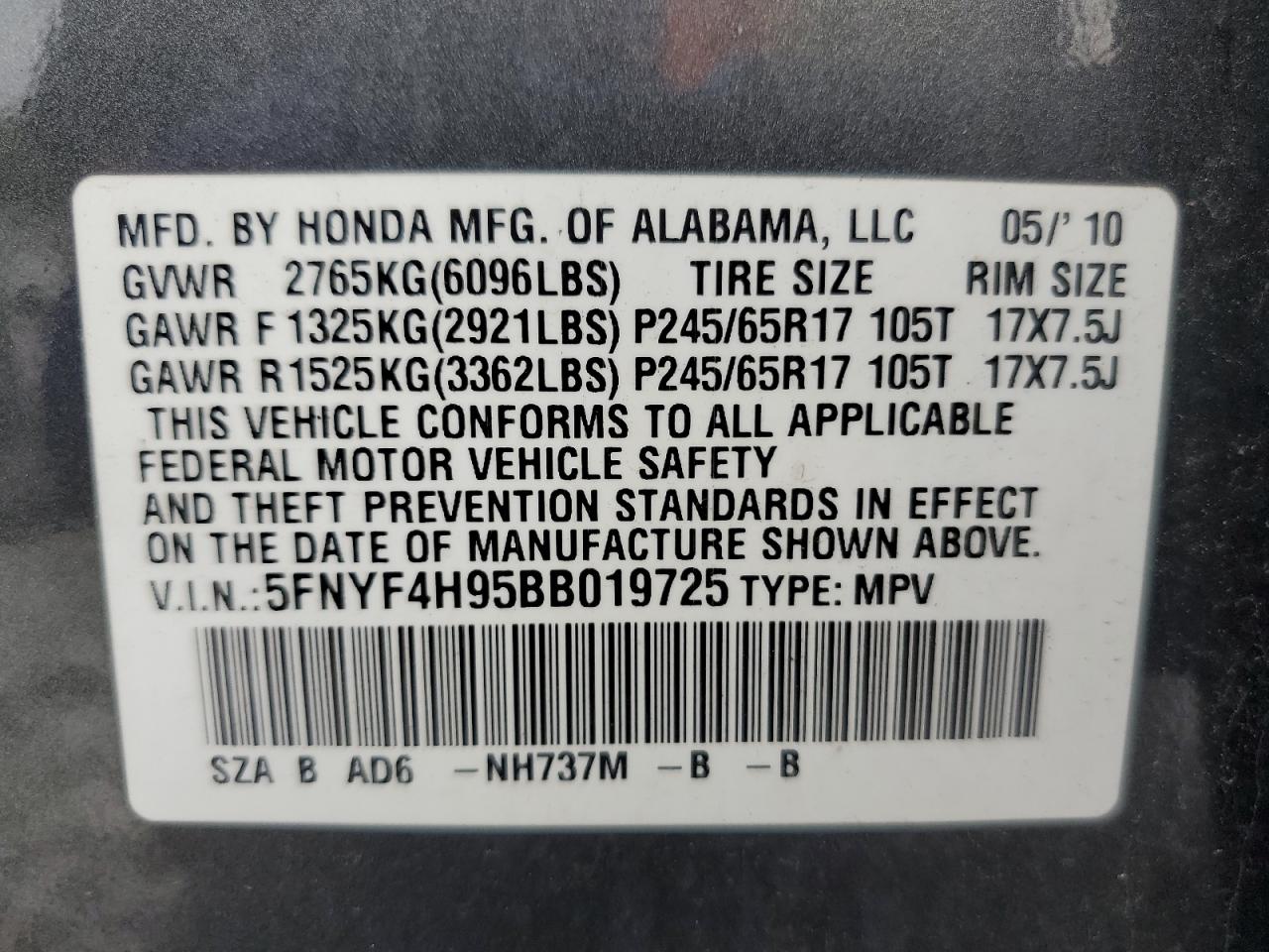 2011 Honda Pilot Touring VIN: 5FNYF4H95BB019725 Lot: 69692665