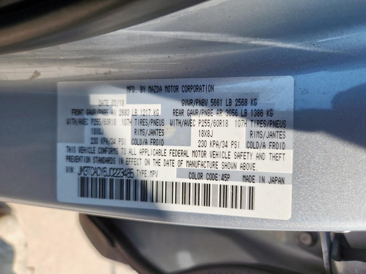 2018 Mazda Cx-9 Touring VIN: JM3TCACY6J0223485 Lot: 67454265