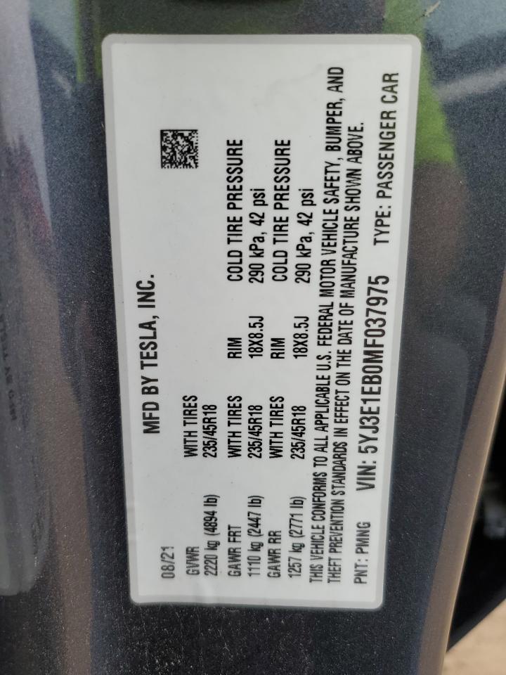 2021 Tesla Model 3 VIN: 5YJ3E1EB0MF037975 Lot: 70655775
