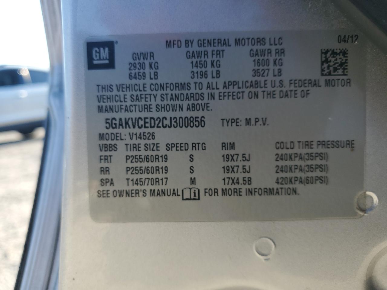 2012 Buick Enclave VIN: 5GAKVCED2CJ300856 Lot: 69256535