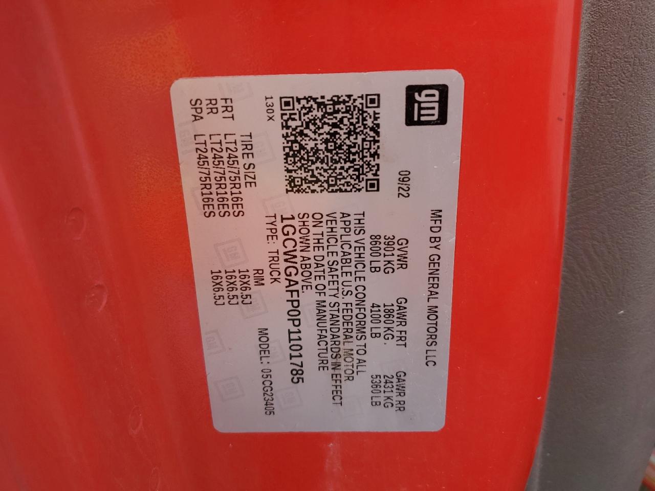 2023 Chevrolet Express G2500 VIN: 1GCWGAFP0P1101785 Lot: 67097625