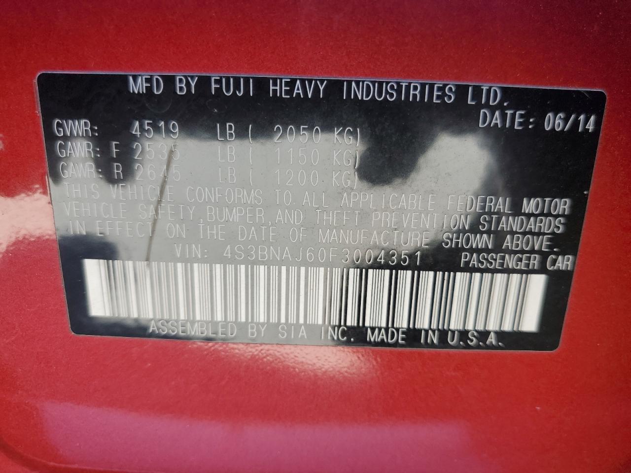 4S3BNAJ60F3004351 2015 Subaru Legacy 2.5I Limited