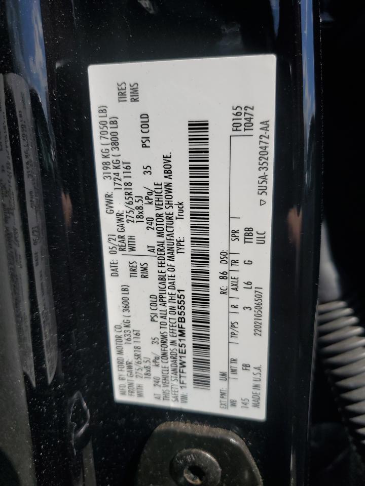 2021 Ford F150 Supercrew VIN: 1FTFW1E51MFB55551 Lot: 69147455