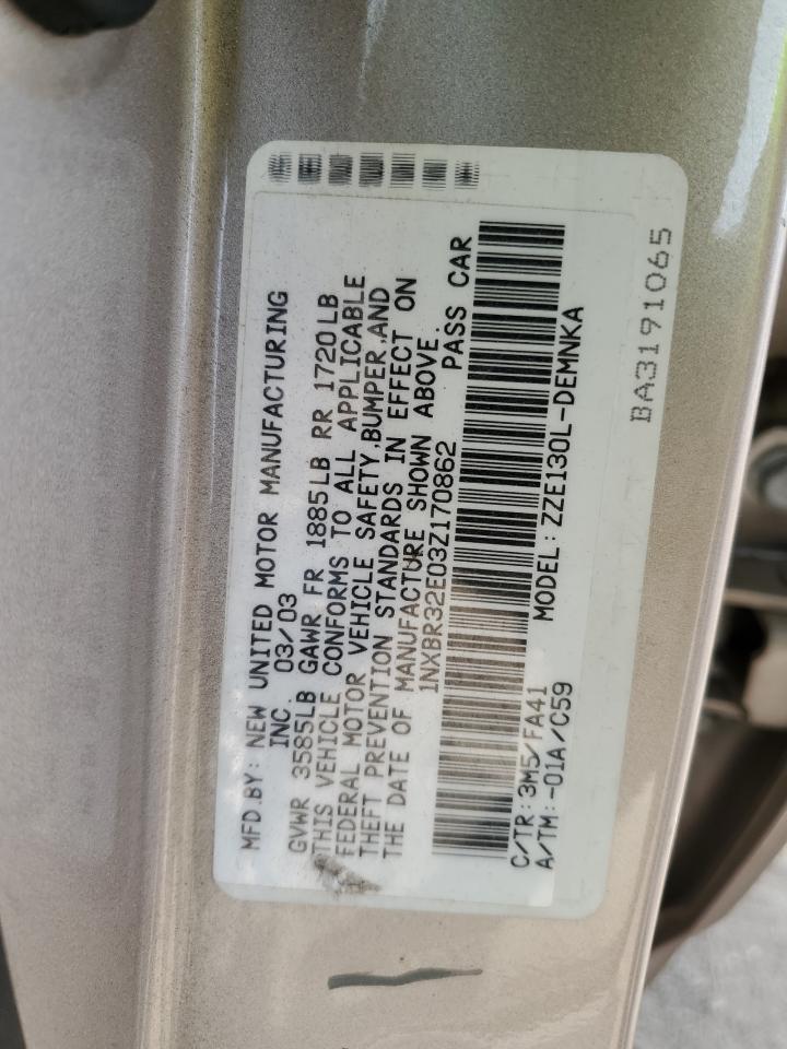 2003 Toyota Corolla Ce VIN: 1NXBR32E03Z170862 Lot: 67608695