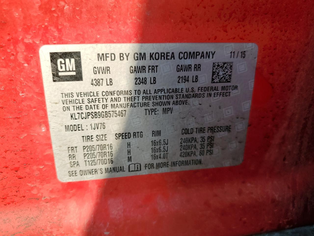 2016 Chevrolet Trax 1Lt VIN: KL7CJPSB9GB575467 Lot: 69968175