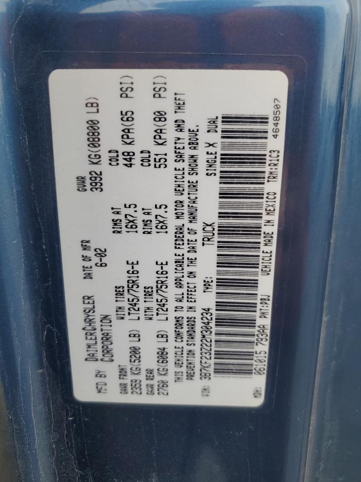 2002 Dodge Ram 2500 VIN: 3B7KF23Z22M304234 Lot: 70208915