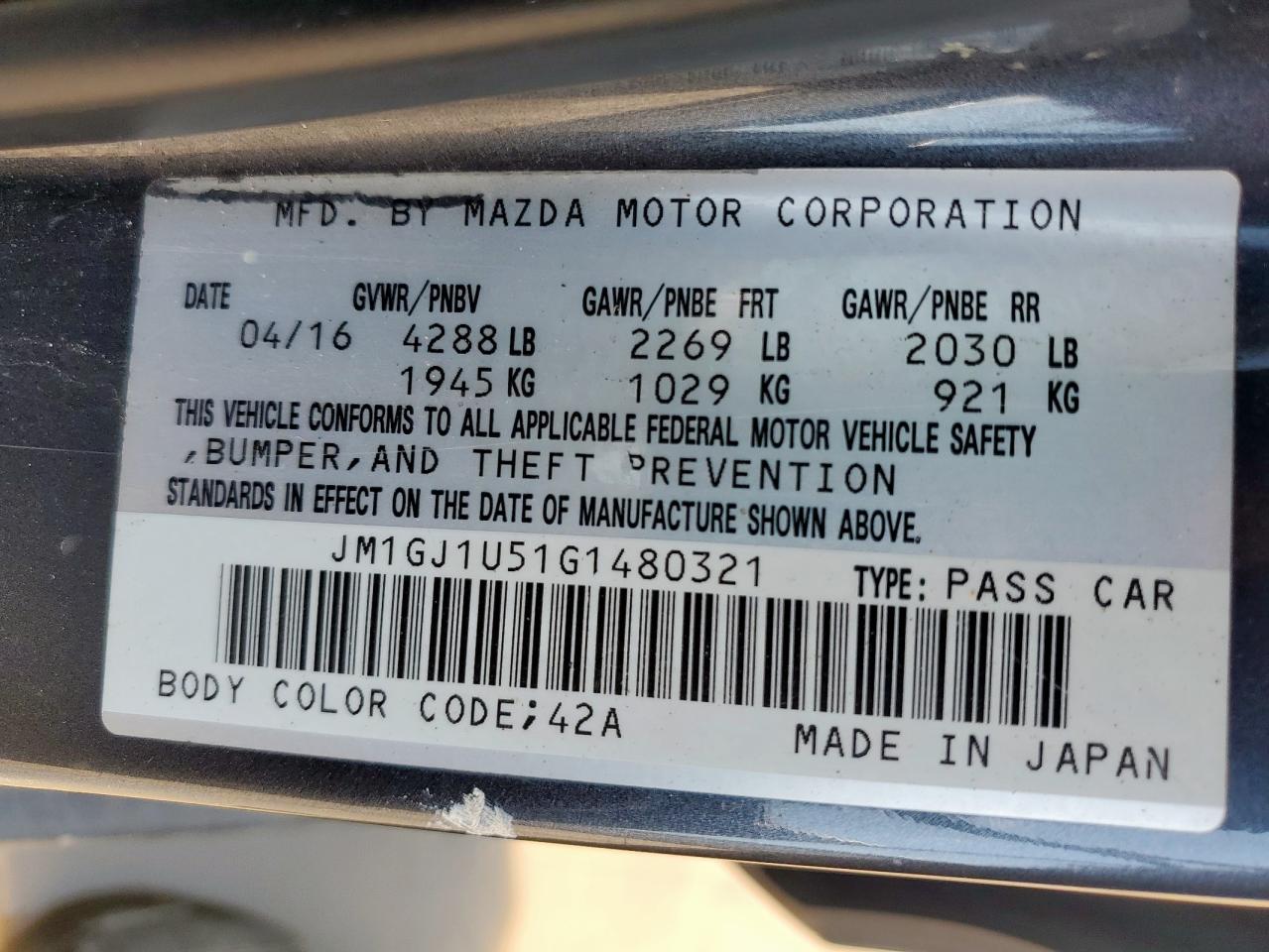 2016 Mazda 6 Sport VIN: JM1GJ1U51G1480321 Lot: 69688155