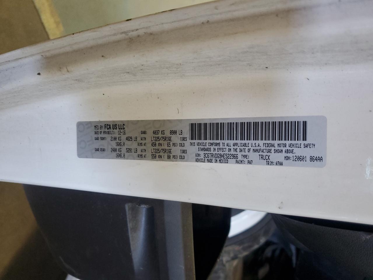 2017 Ram Promaster 2500 2500 High VIN: 3C6TRVDG9HE522966 Lot: 69570565