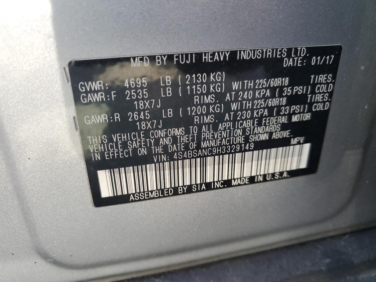 2017 Subaru Outback 2.5I Limited VIN: 4S4BSANC9H3329149 Lot: 66903155