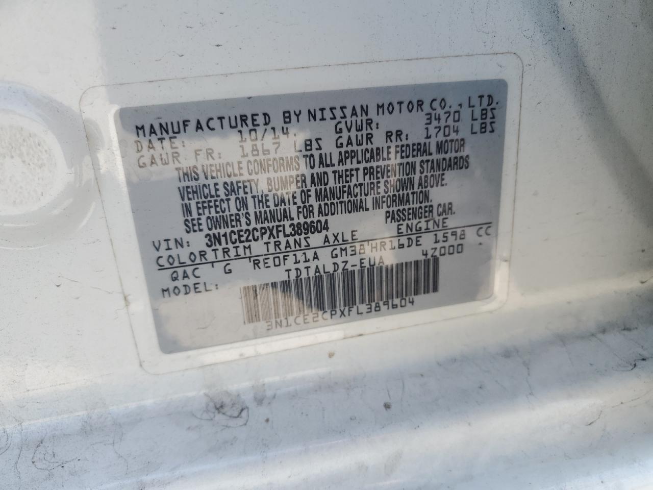 2015 Nissan Versa Note S VIN: 3N1CE2CPXFL389604 Lot: 69645415