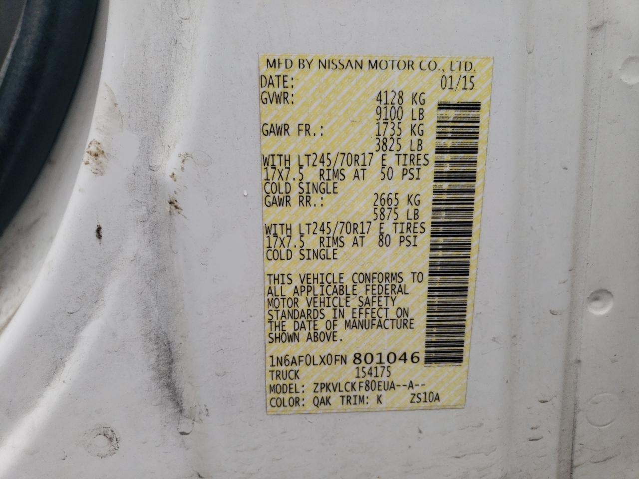 2015 Nissan Nv 2500 VIN: 1N6AF0LX0FN801046 Lot: 69951805