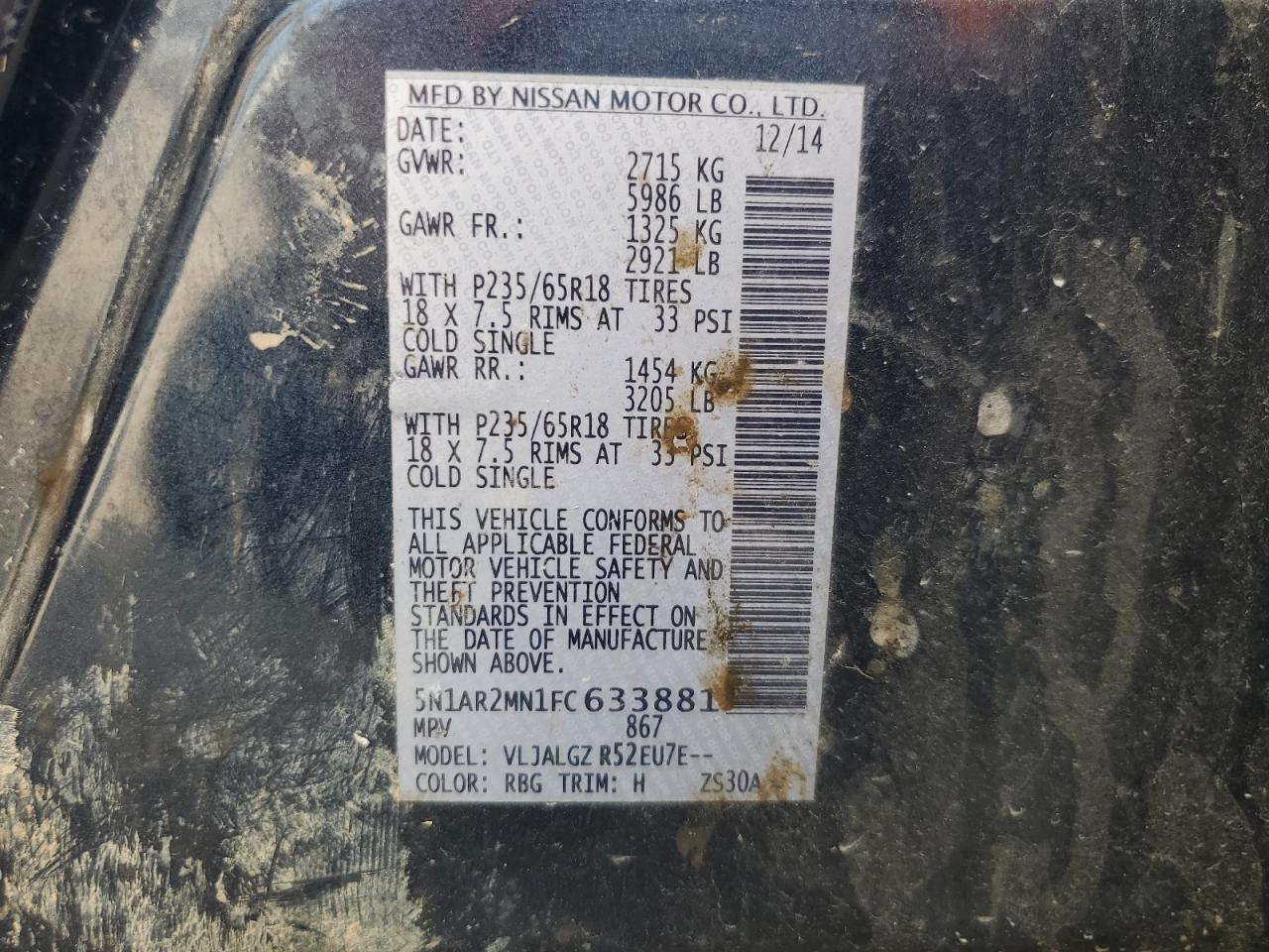 2015 Nissan Pathfinder S VIN: 5N1AR2MN1FC633881 Lot: 68444705