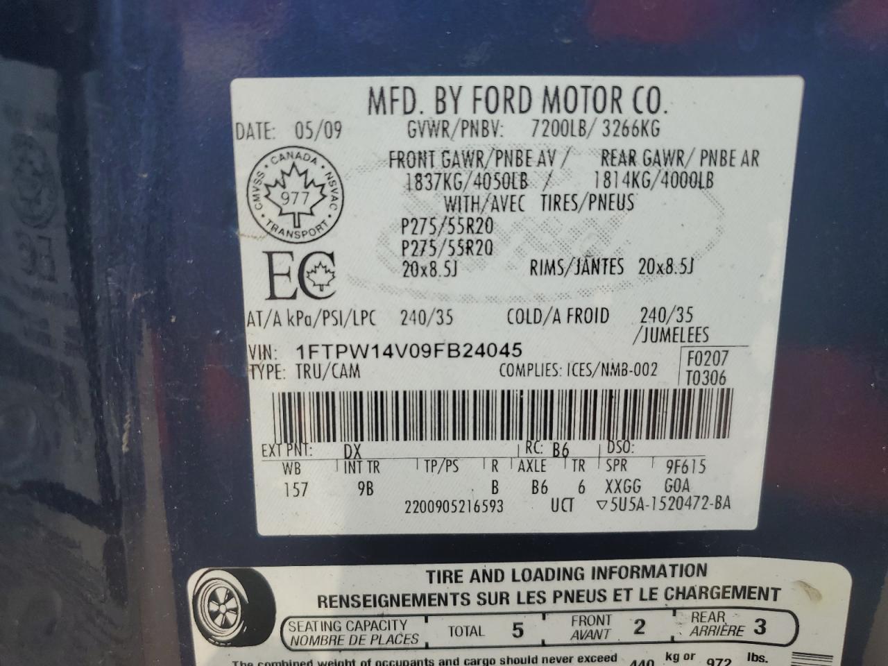 2009 Ford F150 Supercrew VIN: 1FTPW14V09FB24045 Lot: 68906825