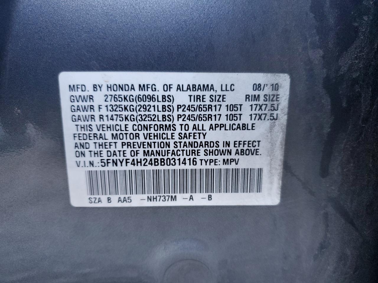 2011 Honda Pilot Lx VIN: 5FNYF4H24BB031416 Lot: 70064575