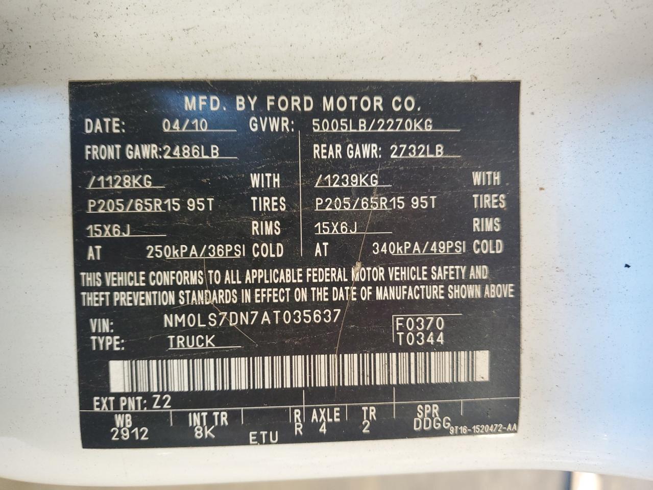 2010 Ford Transit Connect Xlt VIN: NM0LS7DN7AT035637 Lot: 70231275