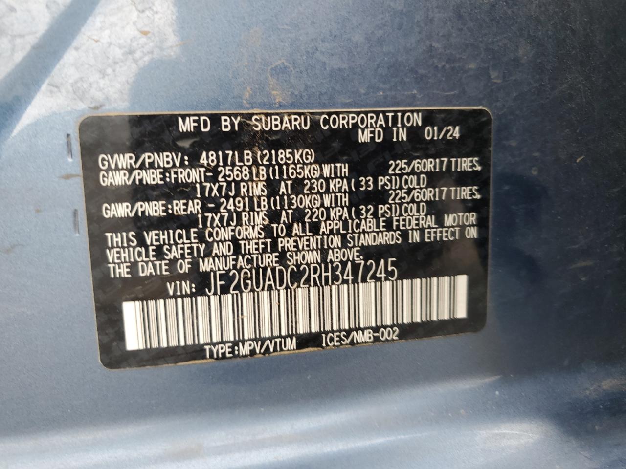 2024 Subaru Crosstrek Premium VIN: JF2GUADC2RH347245 Lot: 70683895