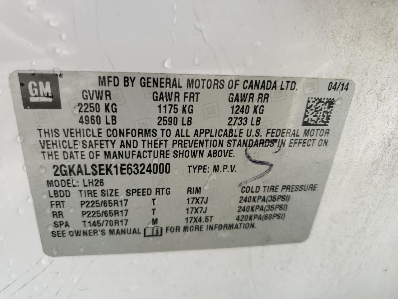 2014 GMC Terrain Slt VIN: 2GKALSEK1E6324000 Lot: 68688735