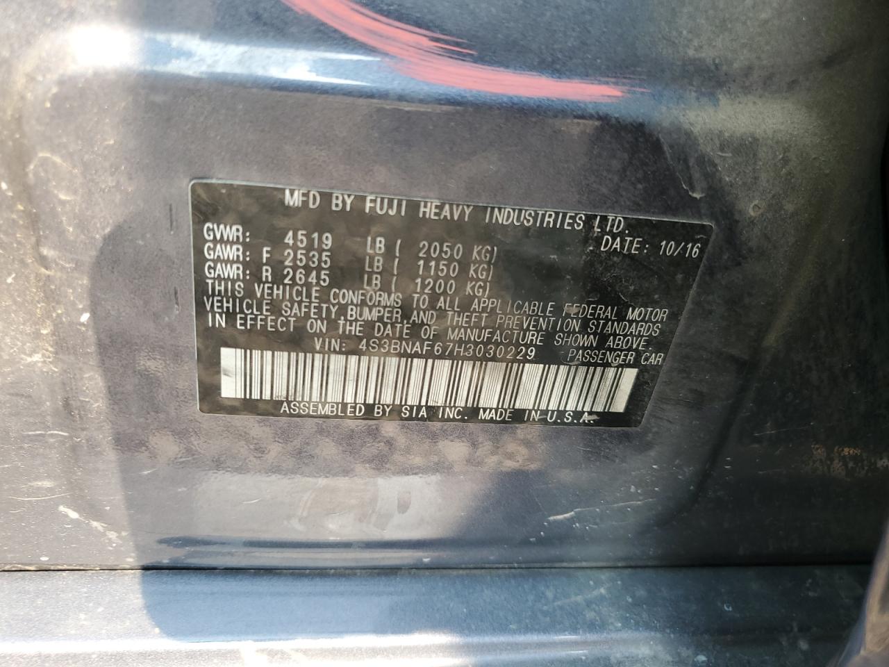 4S3BNAF67H3030229 2017 Subaru Legacy 2.5I Premium