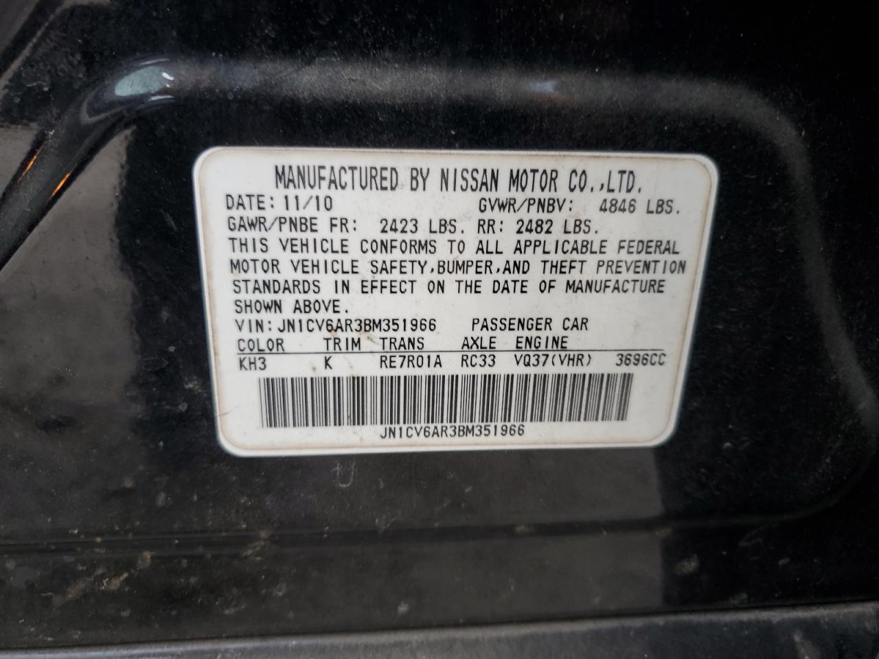 2011 Infiniti G37 VIN: JN1CV6AR3BM351966 Lot: 69375745