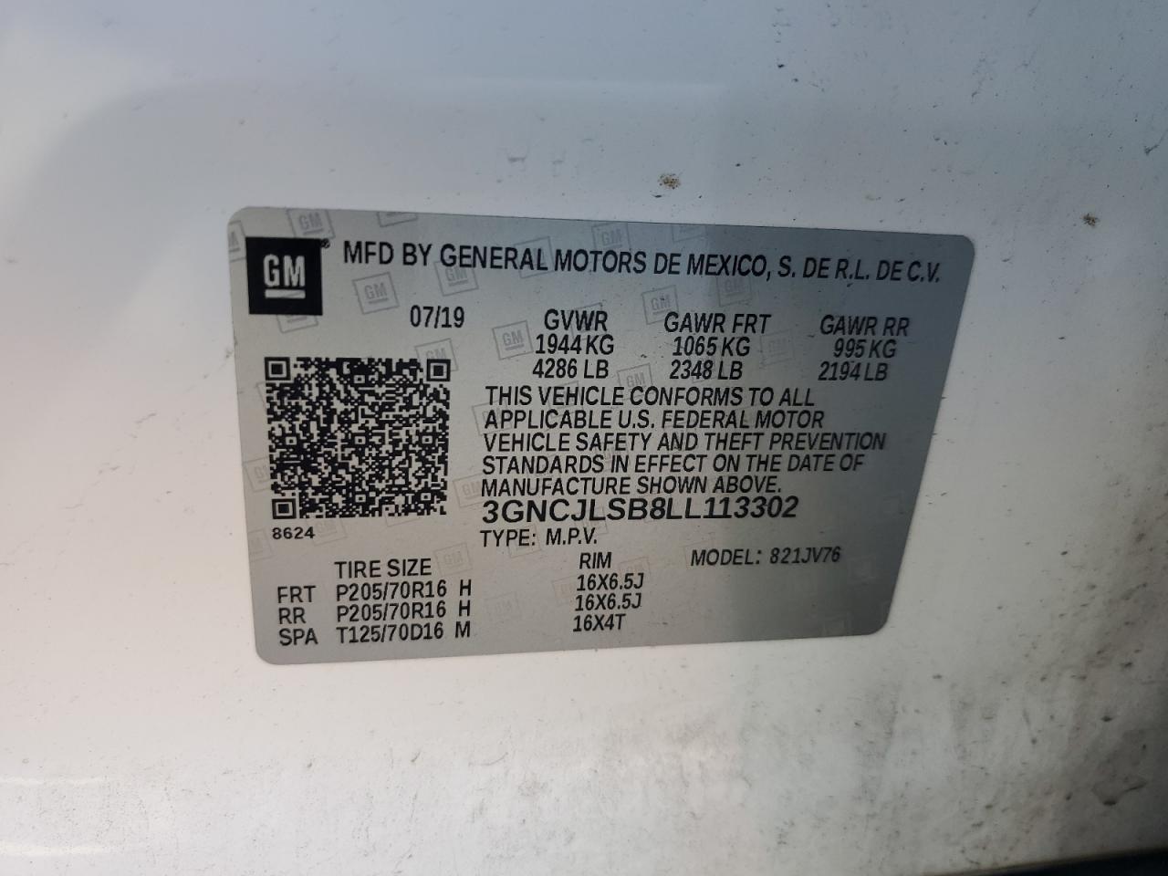 2020 Chevrolet Trax 1Lt VIN: 3GNCJLSB8LL113302 Lot: 67793965