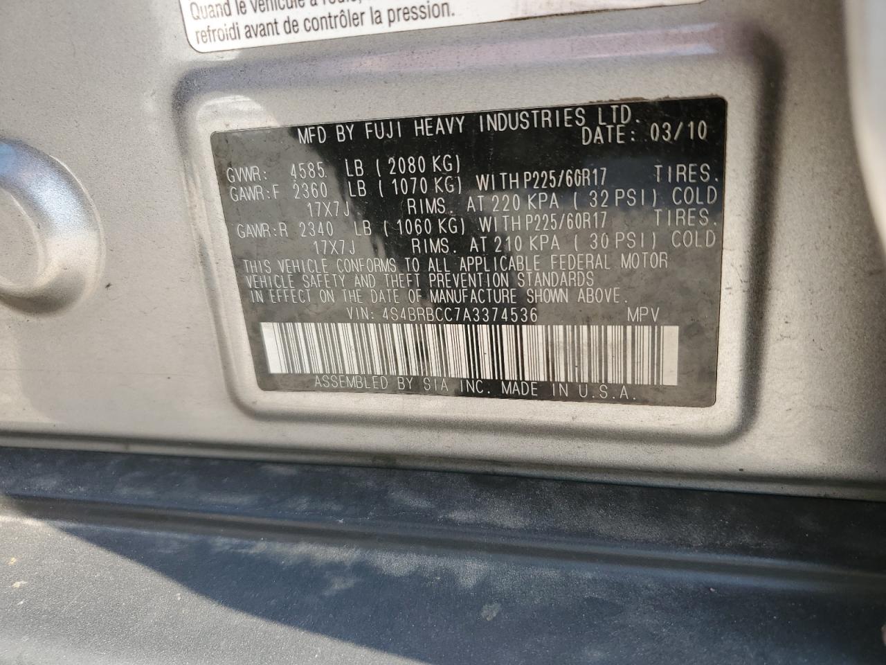 2010 Subaru Outback 2.5I Premium VIN: 4S4BRBCC7A3374536 Lot: 68872535