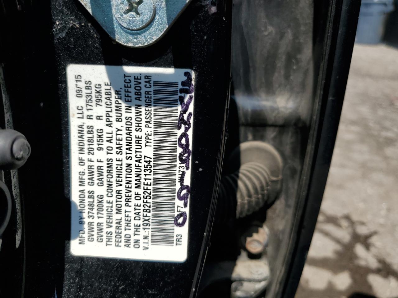 2015 Honda Civic Lx VIN: 19XFB2F52FE113547 Lot: 66128255