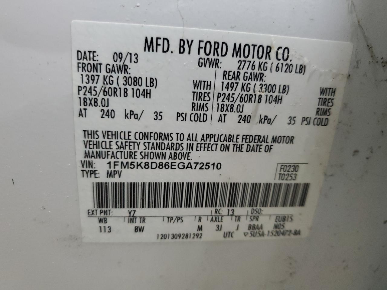 2014 Ford Explorer Xlt VIN: 1FM5K8D86EGA72510 Lot: 66331235