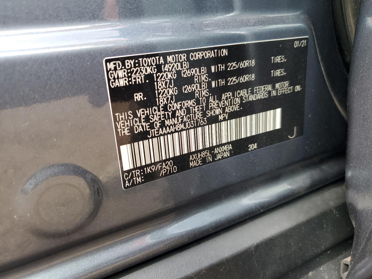 2021 Toyota Venza Le VIN: JTEAAAAH8MJ031763 Lot: 69257255